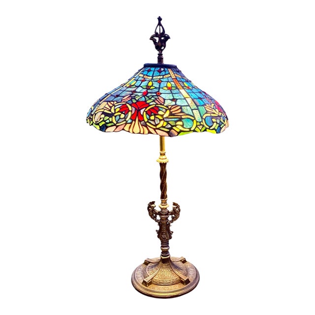 Antique Art Nouveau Table Lamp With Leaded Glass Shade, 1909 For Sale