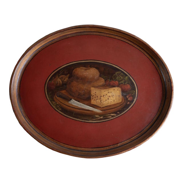 Antique French Folk Art Painted Toleware Tray With Bread and Cheese, Late 19Th C For Sale