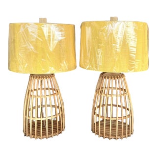 Vintage Coastal Ribbed Rattan Lamps With Shades - a Pair For Sale