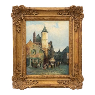 Antique European Village Street Scene Oil Painting | Signed L. Hughes | Ornate Gilt Frame For Sale