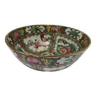 1950s Vintage Large Hand Painted Rose Medallion Punch Bowl For Sale