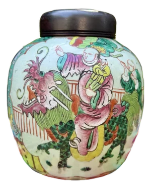 Large Antique Chinese Famille Rose Ginger Jar With Wooden Lid, Ca. 19th Century