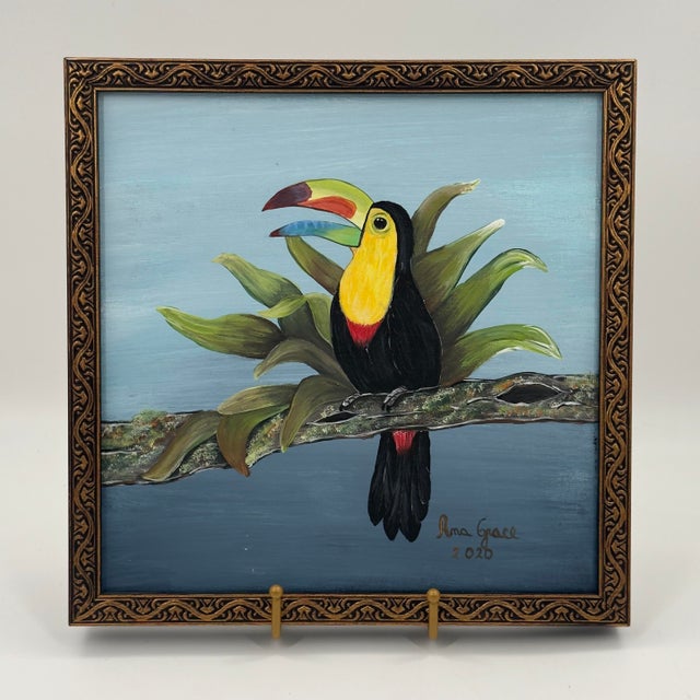 Coastal Original Toucan Painting on Canvas Tropical Bird Gilt Frame For Sale - Image 3 of 10