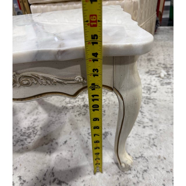French Louis XV Style Vintage Pair Marble Top Low End Tables For Sale - Image 10 of 11