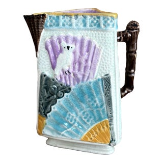 Antique Victorian Majolica Triangular Pitcher With Birds & Bamboo Handle — Aesthetic Movement, C. 1880s For Sale