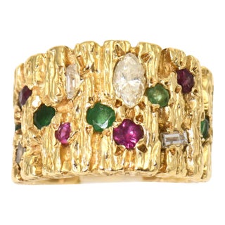 Modernist Diamond, Ruby, Emerald and Sapphire Gold Ring size 4 For Sale