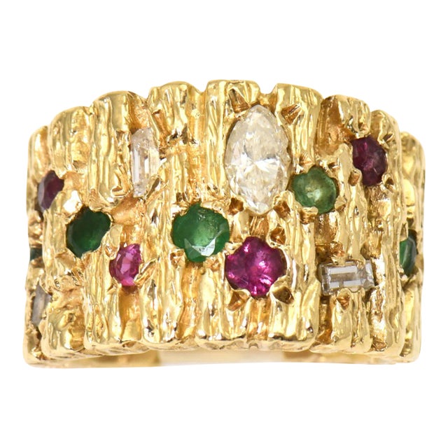Modernist Diamond, Ruby, Emerald and Sapphire Gold Ring size 4 For Sale