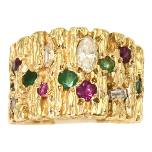 Modernist Diamond, Ruby, Emerald and Sapphire Gold Ring size 4