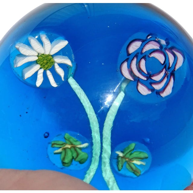 Blue Fratelli Toso Murano Blue Amethyst White Millefiori Flowers Vintage Italian Art Glass Decorative Paperweights - Set of 3 For Sale - Image 8 of 11