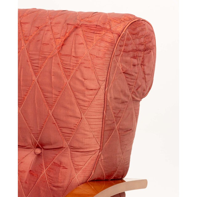 Jindrich Halabala Pair of Art Deco Vintage Silk Upholstered Bentwood Armchairs For Sale - Image 4 of 9