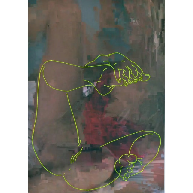 Fluorescent thread sewn on pixelated image on paper 59·4 x 84·1 cm