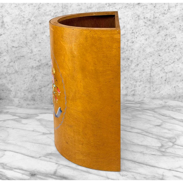 Wood Vintage Farmhouse Country Bentwood Halfmoon Floral Waste Basket For Sale - Image 7 of 10