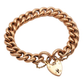 Antique English 9k Gold Curb Link Heart Padlock Clasp Bracelet For Sale