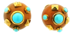 L’Orée Du Bois 18k Gold & Turquoise Sculpted Wood Earrings, 1970s–80s, A Pair
