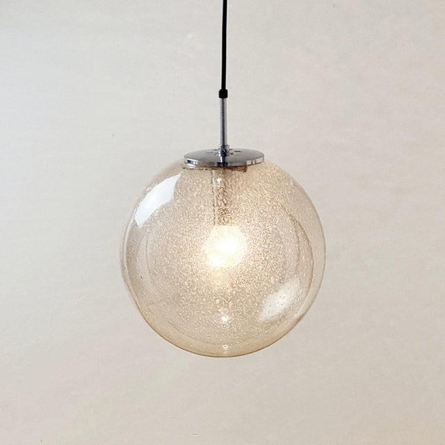 Glashütte Limburg Mid-Century Bubbled Glass & Chrome Globe Pendant/Ceiling Light From Limburg, Germany, 1970s For Sale - Image 4 of 8