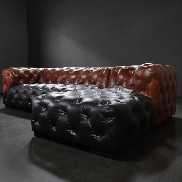 Two-Tone Chesterfield Sectional in Black & Cognac Leather — Sculptural Modern Statement For Sale In Miami - Image 6 of 15