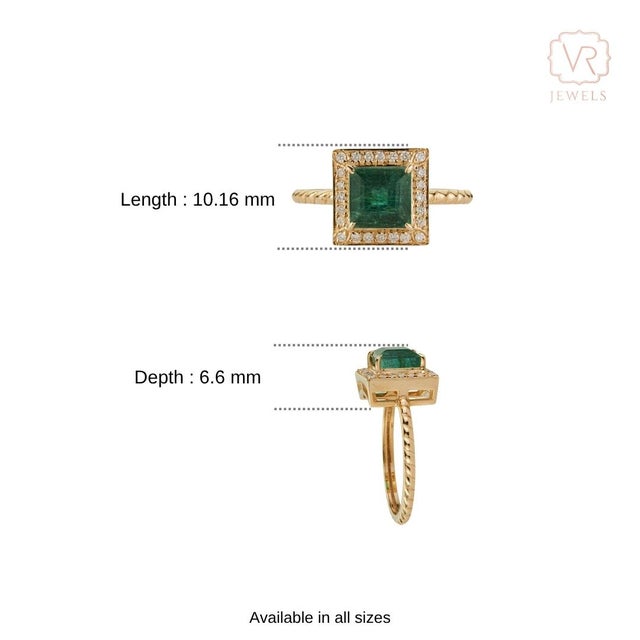 VRJewels 14k Yellow Gold Square Emerald Diamond Halo Vintage Ring Size 4 For Sale - Image 10 of 15