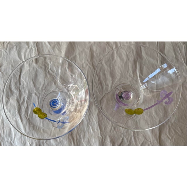 Late 20th Century Late 20th Century Hand Painted Martini Glasses with Olive & Fleur De Lis Design, Blue and Purple Stems - Set of 2 For Sale - Image 5 of 9