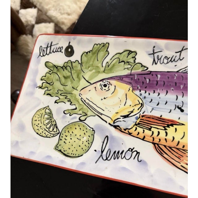 Art Deco 1990s Antica Fornace Italy Large Fish Platter 24in Hand Painted For Sale - Image 3 of 5