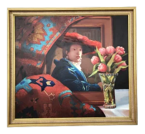 Original Contemporary John DeVlieger “Arrangement in Warm & Cool” Vermeer Inspired Large Oil Painting Framed
