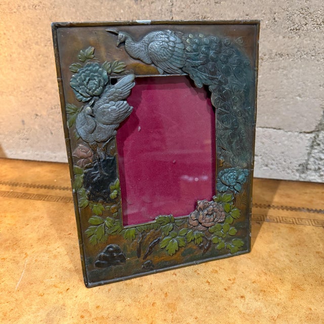 Metal Antique Metal Picture Frame Peacocks and Floral Motifs Japanese Meiji Period For Sale - Image 7 of 11