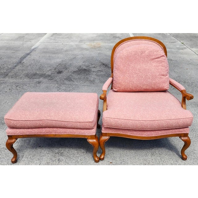 Wood Thomasville French Provincial Louis XV Pink Damask Chair & Ottoman Set For Sale - Image 7 of 12