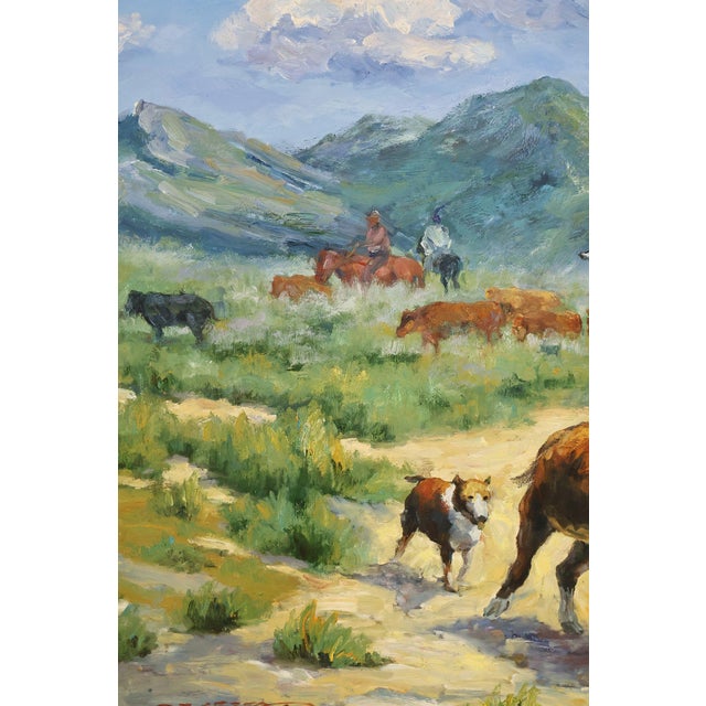Late 20th Century Western Cowboy on Horse Oil Painting on Canvas 55" x 43" Signed 'S. T. Cesent' in Gold Gilt Frame For Sale In Philadelphia - Image 6 of 18