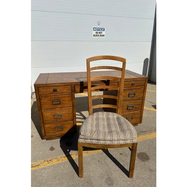 1980s Drexel Heritage Woodbriar Collection Campaign 7 Drawer Desk & Chair For Sale - Image 14 of 16