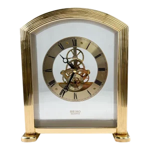 1980s Seiko Quartz Skeleton Desk Clock in Brass