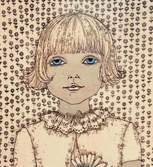 Cuca Romley, Hand Colored Etching Cuca Romley Naive Folk Art Young Girl Period Frame