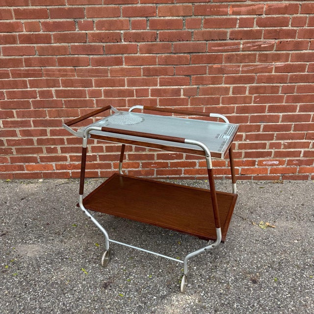Mid-Century Modern Salton “Hotray Hotable” rolling bar cart / automatic food warmer with teak accents and patterned...