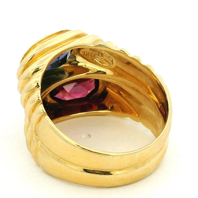 Metal Vintage Italian 18k Gold Double-Stone Ring With Blue Topaz & Garnet, Size 6.75 For Sale - Image 7 of 12