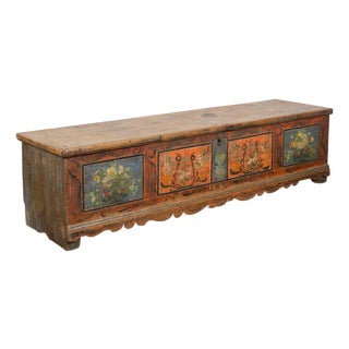 Long Narrow Hand Painted Pine Trunk Bench, Dated 1889 For Sale