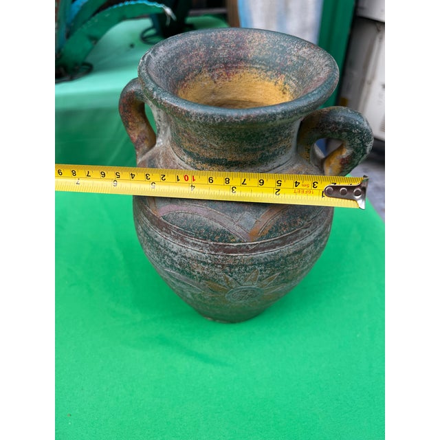 Vintage Handmade Pottery Vase With Sunflower Details For Sale - Image 4 of 5