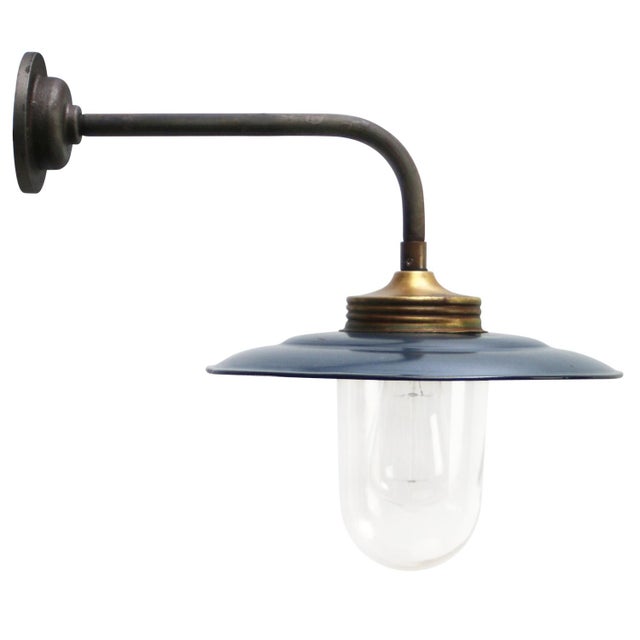 Vintage Industrial Brass and Glass Wall Light in Blue Grey Enamel For Sale - Image 6 of 6