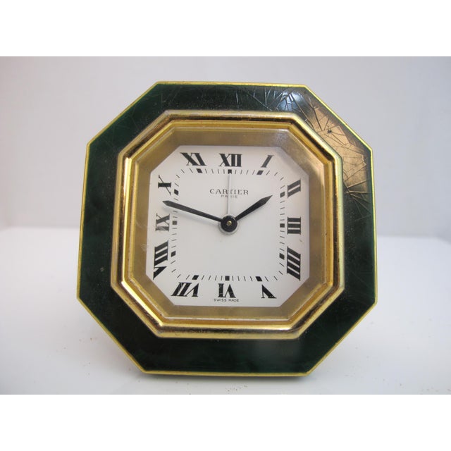 Traditional Cartier Paris Gold Plated Green Enamel Octagonal Travel Alarm Desk Clock For Sale - Image 3 of 14