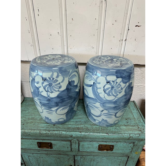 Ink Blue Coastal Abstract Lotus Garden Stools - A Pair For Sale - Image 8 of 8