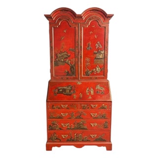 Mid-Century Georgian Style Red & Gilt Chinoiserie Secretary Desk For Sale