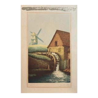 Old Dutch Watermill Etching W/ Aquatint by Van Delft c.1930 For Sale