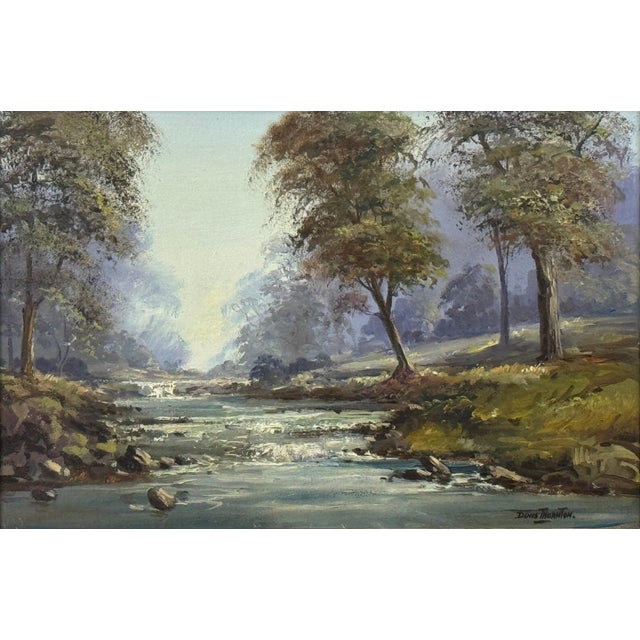 Wood Oil Painting of Tree Lined River in a Forest in Ireland by Irish Artist 1980 Circa For Sale - Image 7 of 16