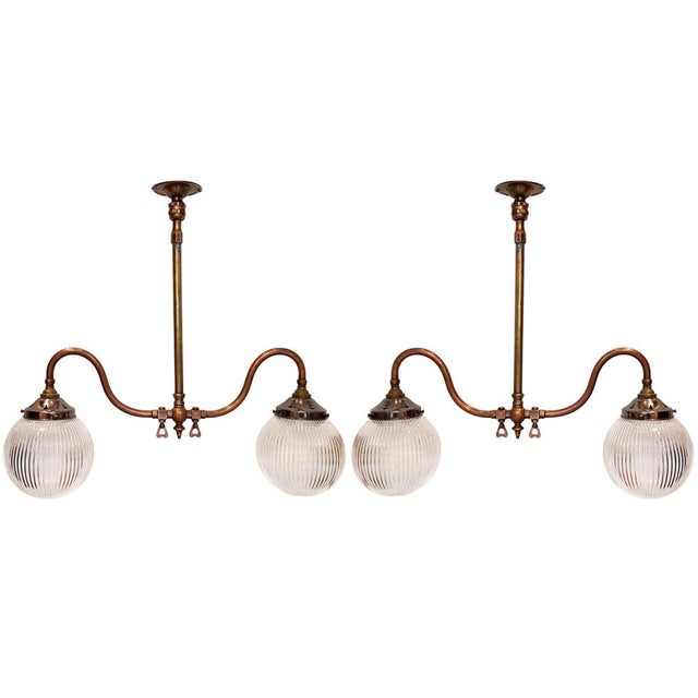 Metal British Hanging Lights with Ribbed Holophane Shades, 1930s, Set of 2 For Sale - Image 7 of 7