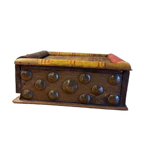 Late 19th Century 19th Century Antique Indian Polychrome Wood & Brass 4-Compartment Spice Box For Sale - Image 5 of 11