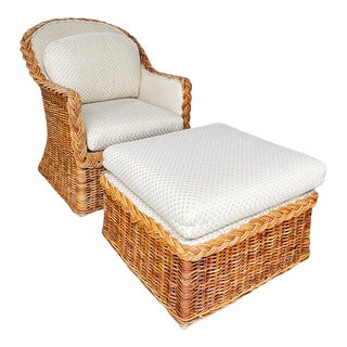 Late 20th Century Coastal Wicker Braided Rattan Lounge Chair With Ottoman For Sale