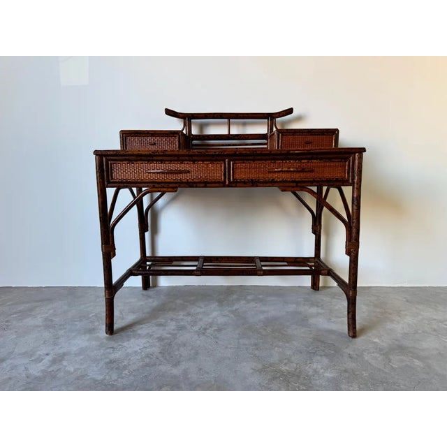 Vintage British Colonial Style Faux Burnt Bamboo and Grasscloth Pagoda Desk and Chair For Sale - Image 4 of 10