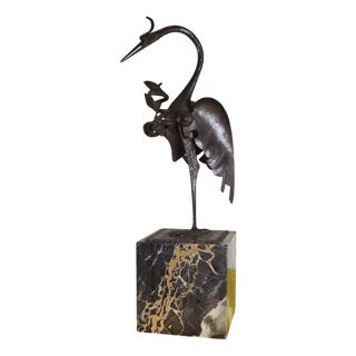 After Carlo Rizzarda, Bird Sculpture, Iron with Black Marble Base For Sale