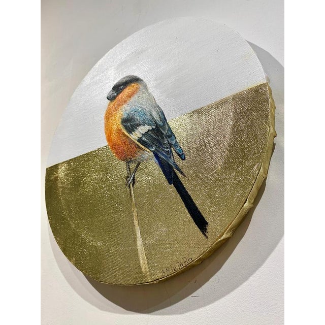 Anastasia Gklava, Eurasian Bullfinch, Orange & Black Bird Composition, Painting with Gold Leaf on Round Canvas, 2025 For Sale - Image 18 of 18