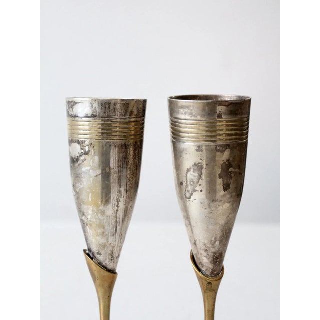 Brass Vintage Brass & Silver Plated Champagne Flutes Pair For Sale - Image 8 of 11