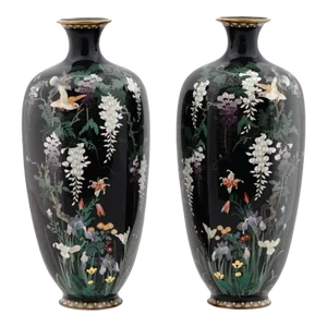 Pair of Meiji Antique Japanese Cloisonne Enamel Wisteria and Bird Vases Signed Hayashi Chuzo