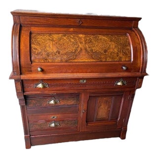 Late 19th Century Victorian Walnut Cylinder Roll-Front Desk For Sale