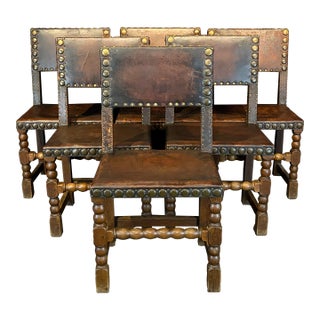 French Antique Leather and Nailhead Dining Chairs With Bobbin Legs -Set of 6 For Sale